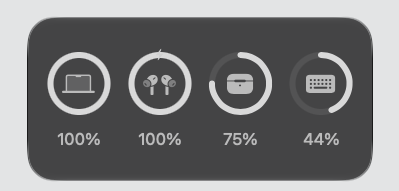 Actual Apple Batteries tinted medium widget: MacBook 100%, charging AirPods 100%, case 75%, keyboard 44%