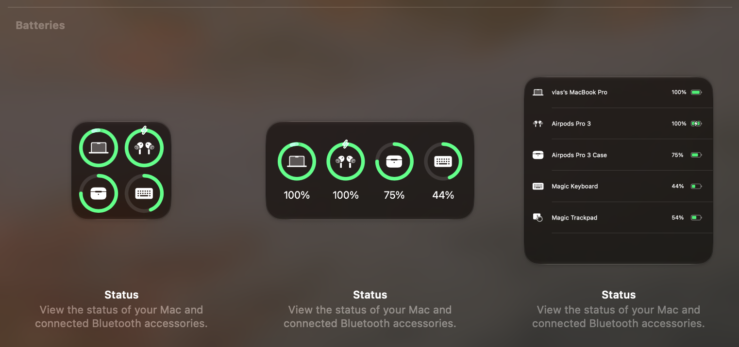 Actual full-color large Apple Batteries widget showing MacBook Pro, AirPods, case, keyboard, and trackpad as a list