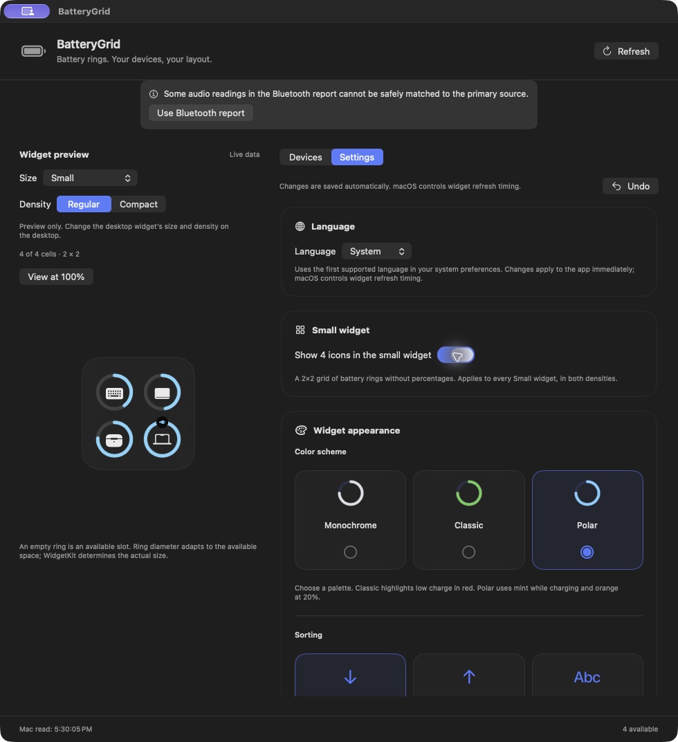 Actual BatteryGrid window with the four-icon Small preview, grouped settings, auto-save feedback and radio-button palette choices
