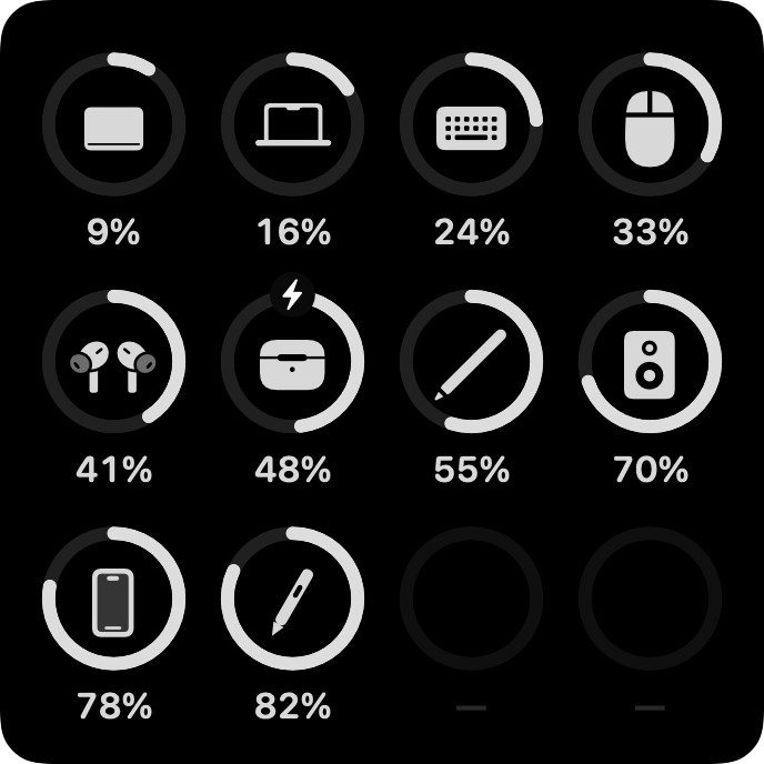 Native Monochrome regular render: the same ten icons sorted lowest charge first, two free slots, and a separate charging badge; demo data