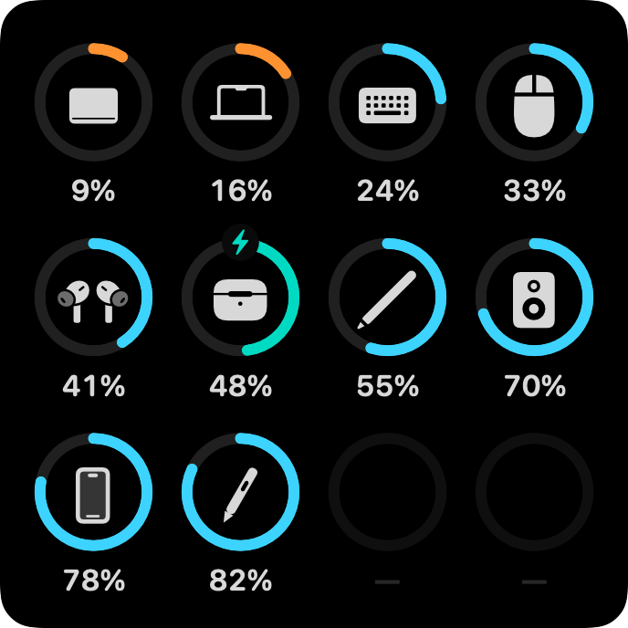 Native BatteryGrid Polar render with ten distinct icons, including Apple Pencil and a stylus, sorted lowest charge first and two empty slots; demo data