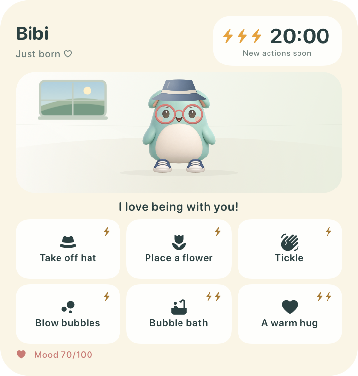 beewbe widget with a mint-coloured pet and care actions