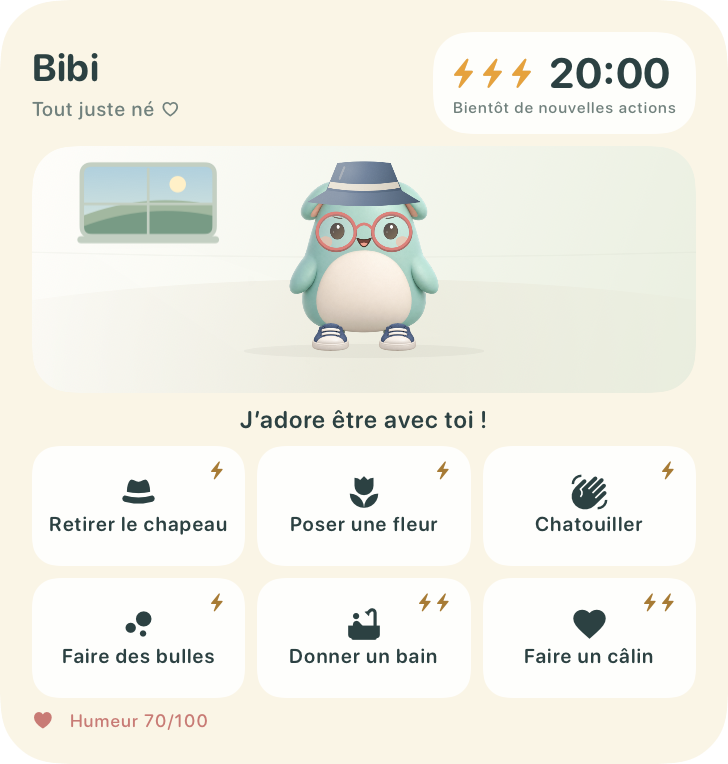 Widget beewbe avec un compagnon vert menthe et des actions de soin