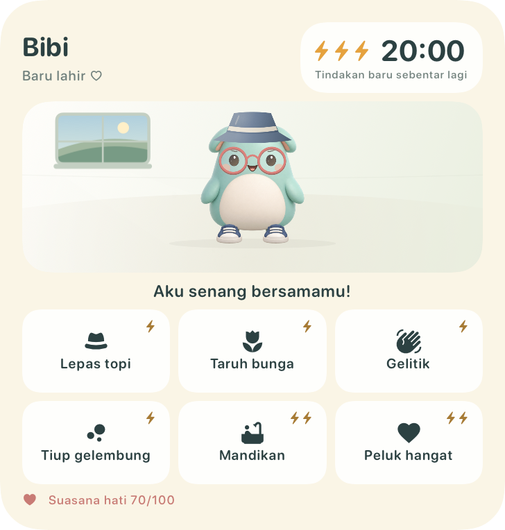 Widget beewbe dengan peliharaan berwarna mint dan tindakan perawatan