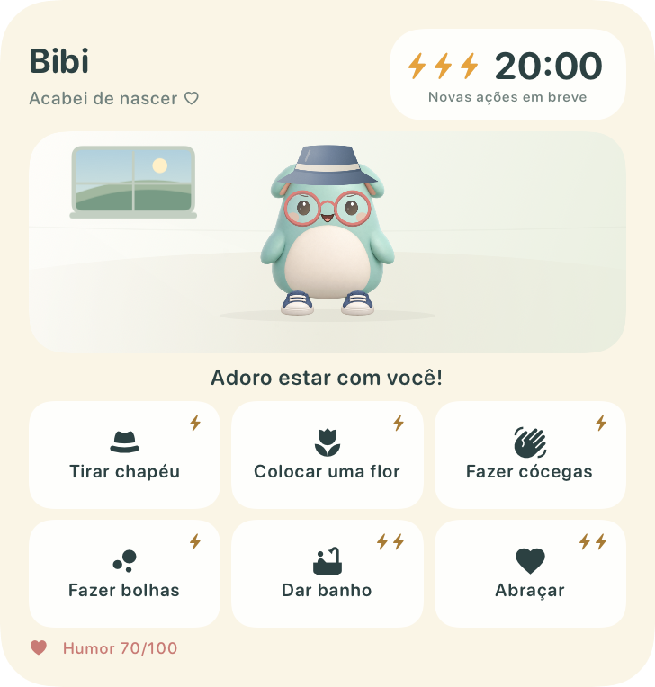 Widget beewbe com um bichinho verde-menta e ações de cuidado