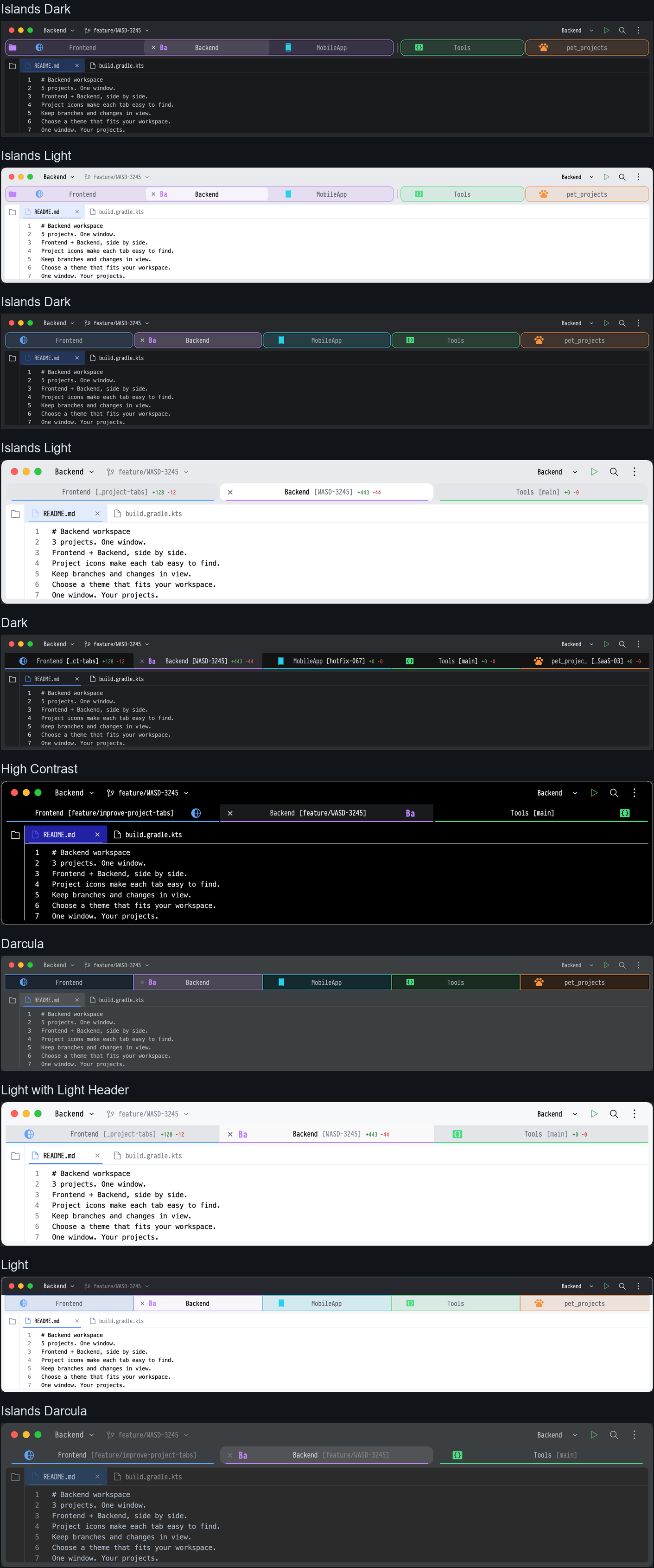 Ten real plugin previews showing different tab and group styles across light and dark IDE themes