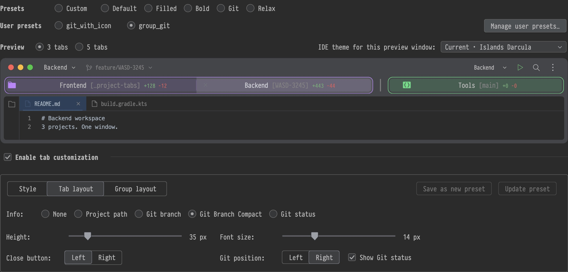 Project Tab Icons settings with the combined Style tab, Tab layout controls and Git branches in the preview