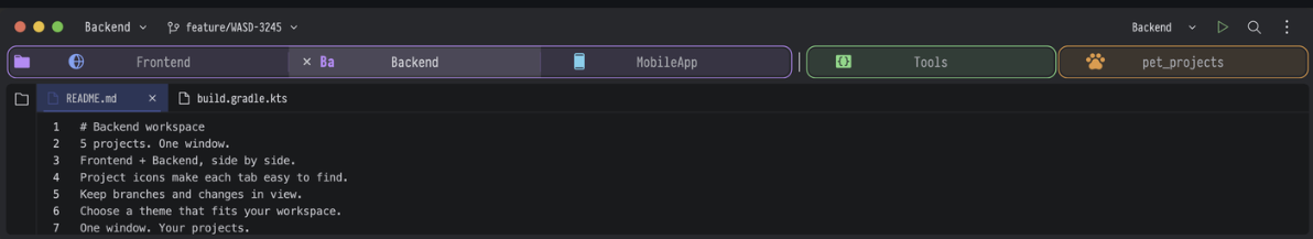 Five projects in one IntelliJ IDEA window, with distinct icons, colors and groups